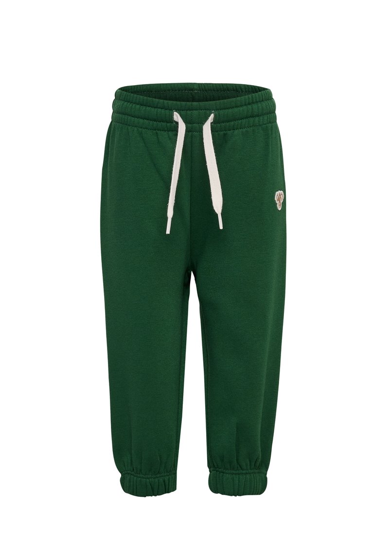Gröna träningsbyxor med dragsko i midjan, elastiska muddar och en liten logotyp på sidan. Gjorda av mjukt, stretchigt tyg.