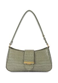 Borsa verde con texture coccodrillo, silhouette curva, chiusura in metallo dorato e una sola tracolla. Dimensioni non fornite.