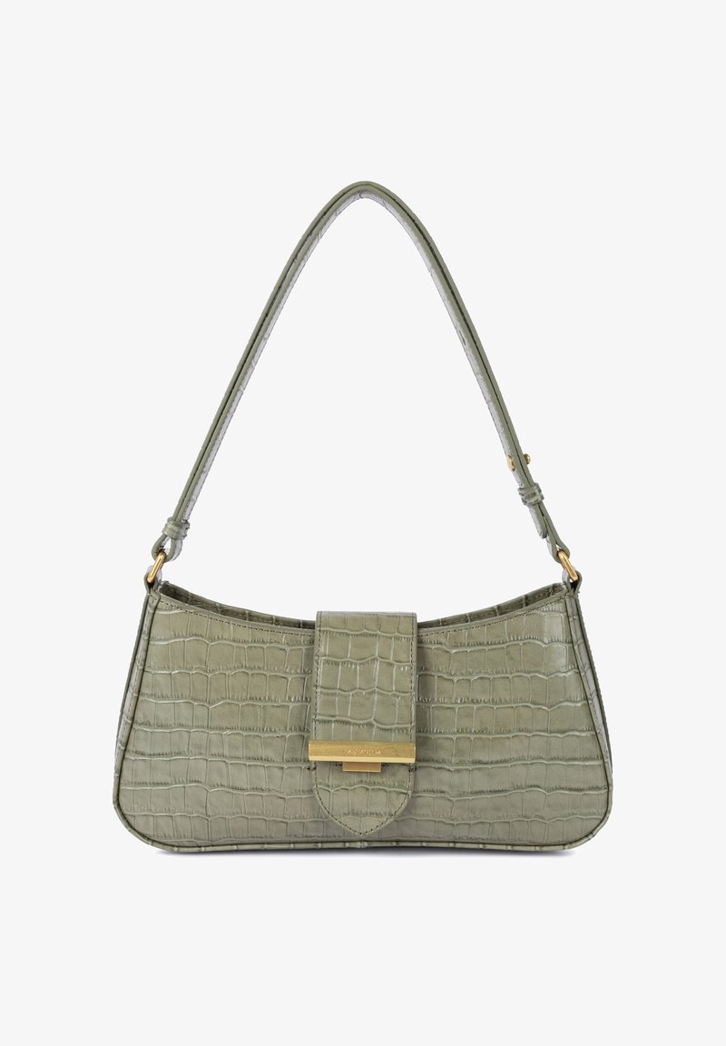 Borsa verde con texture coccodrillo, silhouette curva, chiusura in metallo dorato e una sola tracolla. Dimensioni non fornite.