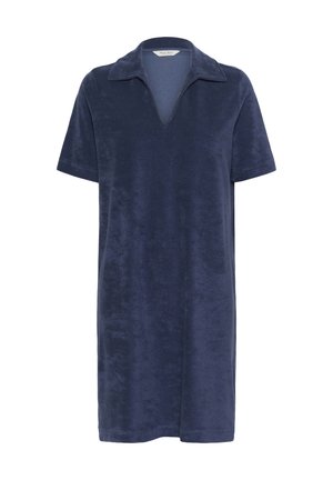 Mørkeblå, kortærmet kjole med krave og V-formet udskæring; lavet af blødt, tekstureret stof. Uformel og løs pasform.