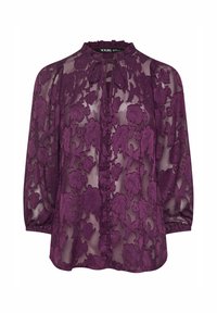 Blusa trasparente viola con ricami floreali, colletto alto e chiusura con bottoni. Presenta maniche lunghe e una vestibilità leggermente ampia.