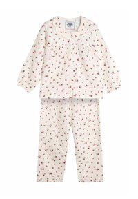 Blümchenbedrucktes Pyjama-Set mit langen Ärmeln und Hose. Merkmale sind ein weißer Hintergrund mit rosa Blumen, Knopfverschluss und ein gewellter Kragen.