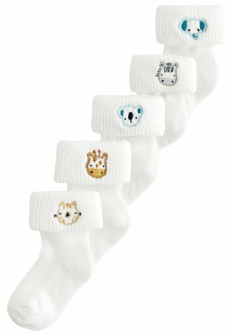 Gerippte weiße Socken mit Bündchen-Design, verziert mit gestickten Tiergesichtern: Koala, Zebra, Löwe und Tiger in sanften Farben. Set bestehend aus fünf Paaren.