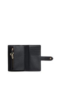 Portafoglio in pelle nera con finitura testurizzata, dotato di un comparto con zip, slot per carte e chiusura a scatto. Dettagli in metallo dorato.