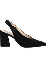 Pump slingback in suede nero con punta affusolata, tacco a blocco e dettaglio con bottone laterale. Texture liscia con un design elegante e moderno.