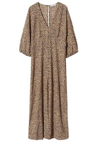 Vestido maxi de estampado de leopardo en beige con mangas cortas abullonadas y escote en V profundo. Presenta un cierre en la parte trasera y una silueta fluida y relajada.