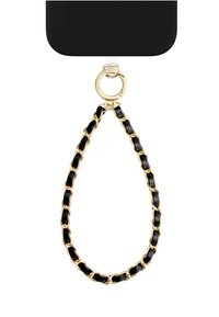 Zwarte leren ketting met gouden beslag, bestaande uit met elkaar verbonden ovale schakels, leidend naar een ronde gouden ringverbinder.