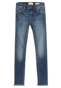 Jean skinny en denim bleu avec une finition décolorée, design à cinq poches, ourlet effiloché et fermeture à bouton. Taille élastique pour plus de confort.