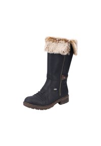 Bota de cuero negro hasta la rodilla con un suave puño de piel de piel beige, cremallera lateral, parte superior texturizada y una resistente suela de goma marrón.