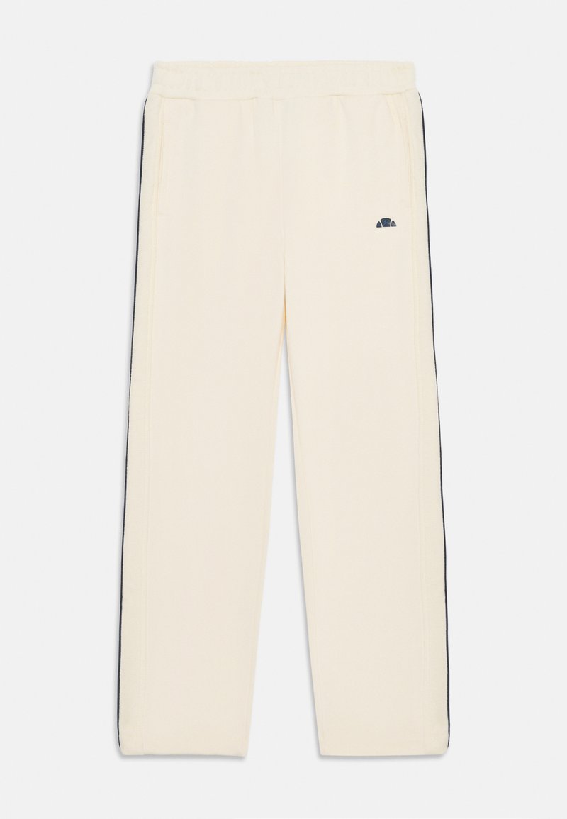 Krēmkrāsas sporta bikses ar melnām sānu līnijām, elastīgu jostasvīru, taisnām kājām un mazu logo kreisajā pusē. Mīksta auduma tekstūra.