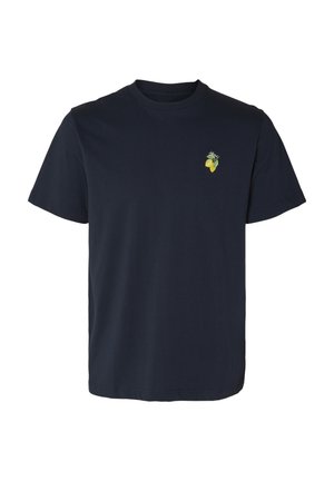 Navy blue cotton t-shirt with short sleeves and a round neckline. Features a small yellow lemon embroidery on the left chest area.