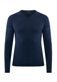 Mörkblå långärmad tröja med V-halsringning. Tillverkad av ett slätt material och med minimal branding på vänster bröst samt ribbade ärmslut.