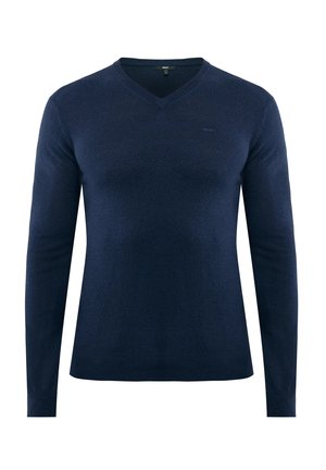 Navyblauer, langärmliger Pullover mit V-Ausschnitt. Hergestellt aus einem glatten Stoff, mit minimalem Branding auf der linken Brust und gerippten Bündchen.
