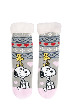 Gray socks with a fuzzy white cuff, featuring a cartoon Snoopy and Woodstock, heart patterns, and blue geometric designs. Pink accents at the toes.