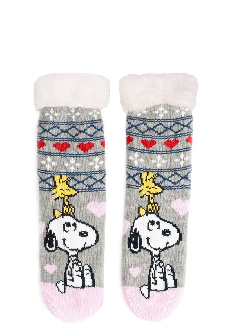 Graue Söckchen mit einem flauschigen weißen Bund, verziert mit einem Cartoon von Snoopy und Woodstock, Herzmustern und blauen geometrischen Designs. Rosa Akzente an den Zehen.