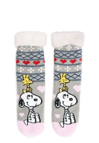 Gray socks with a white faux fur cuff, featuring a cartoon dog design and yellow bird. Pattern includes hearts and geometric shapes in blue and red.