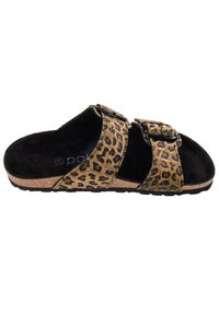 Leopardenmuster-Sandale mit zwei verstellbaren schwarzen Schnallen, dunkelweichem Innenfutter und einer korkähnlichen Sohle für zusätzlichen Komfort. Strukturiertes Oberflächendesign.
