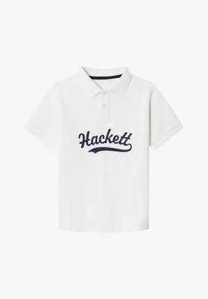 Wit poloshirt van katoen, met een marineblauw logo "Hackett" op de borst, korte mouwen en een klassiek kraagontwerp.