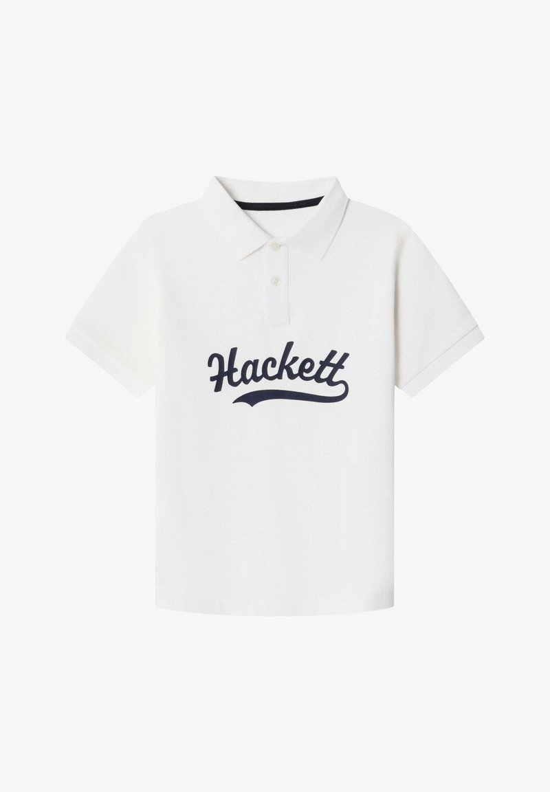 Polo blanc en coton, arborant un logo "Hackett" bleu marine sur la poitrine, manches courtes et col classique.