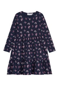 Langärmliges navy-blaues Kleid mit einem gestuften Rock, Regenbogenmustern in Rosa und Weiß sowie einem runden Halsausschnitt. Aus weichem Baumwollstoff gefertigt.