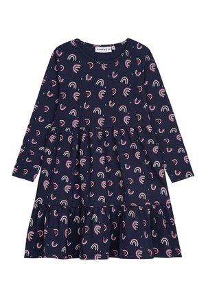Langärmliges navy-blaues Kleid mit einem gestuften Rock, Regenbogenmustern in Rosa und Weiß sowie einem runden Halsausschnitt. Aus weichem Baumwollstoff gefertigt.