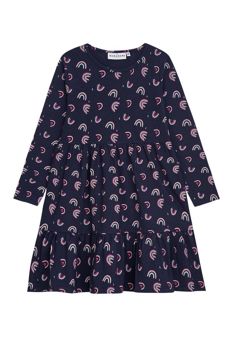 Langärmliges navy-blaues Kleid mit einem gestuften Rock, Regenbogenmustern in Rosa und Weiß sowie einem runden Halsausschnitt. Aus weichem Baumwollstoff gefertigt.