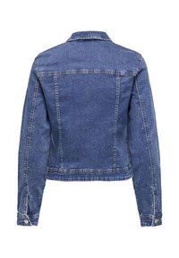 Denim jacket with a cropped design, blue color, button closure, and embellishments along the sleeves. Features classic collar and back yoke.