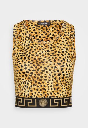 Top scurt cu imprimeu de leopard, cu decolteu rotund și tiv negru cu model, având un logo Medusa auriu. Confectionat dintr-un material neted.