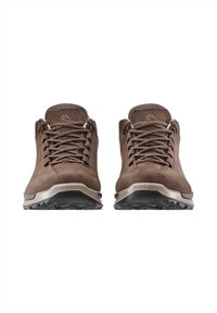 Brown suede hiking shoes with a textured upper, grey accents, contrasting black rubber outsole, and traditional lace-up design.