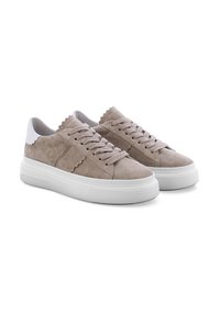 Beige Wildlederschuhe verfügen über eine weiße strukturierte Sohle, flache Schnürsenkel und ein gewelltes Design am Kragen. Strukturierte Akzente an der Seite.