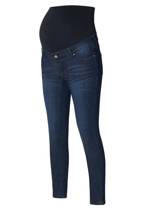 Zwangerschapsjeans met een donkerblauwe denimafwerking, een rekbare zwarte buikpanelen, skinny fit en een standaard vijf-pocket ontwerp.