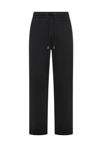 Pantaloni della tuta neri con vita elasticizzata e coulisse regolabile, gambe dritte e tessuto dalla texture liscia. Senza motivi o dettagli.