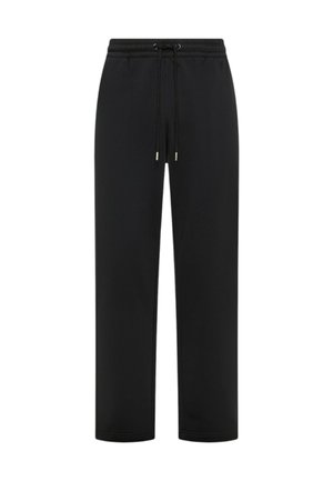 Pantaloni della tuta neri con vita elasticizzata e coulisse regolabile, gambe dritte e tessuto dalla texture liscia. Senza motivi o dettagli.