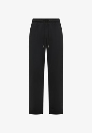 Pantaloni della tuta neri con vita elasticizzata e coulisse regolabile, gambe dritte e tessuto dalla texture liscia. Senza motivi o dettagli.