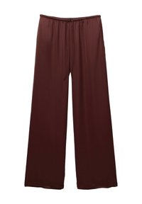 Leve trousers in a dark brown color made from smooth material. Features an elastic waistband with a drawstring for an adjustable fit.