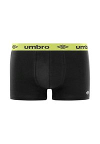 Boxer pour hommes noirs avec taille jaune portant le texte « umbro » et le logo en noir, ainsi qu'un petit logo sur la jambe inférieure gauche.