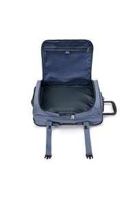 Blue soft-sided travel bag with a large opening, zippered inner pocket, and adjustable handles. Interior features a smooth, dark lining.