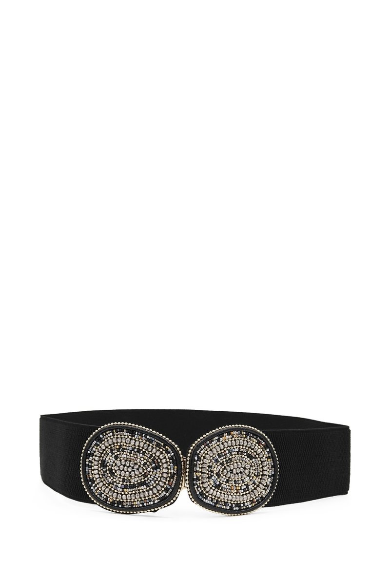 Cintura elastica nera con due fibbie ovali decorate, caratterizzate da intricati motivi di perline in argento, oro e nero.