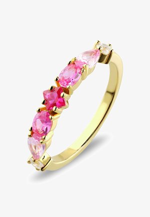Gold ring with seven pink gemstones in various cuts, including oval, pear, and square, set in a row along the band.