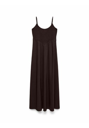 Robe maxi noire sans manches avec corsage ajusté smocké et jupe fluide, avec fines bretelles réglables.
