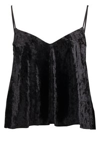 Camisola di velluto nero con spalline sottili e scollatura a V. Presenta una morbida texture e un orlo leggermente svasato.