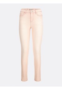 Růžové pruhované skinny džíny s vysokým pasem, s knoflíkovým zapínáním a pěti kapsami. Hladká textura s vertikálními pruhy.