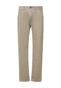 Beige rechte broek met voorzakken, lussen voor een riem en een knoopsluiting.