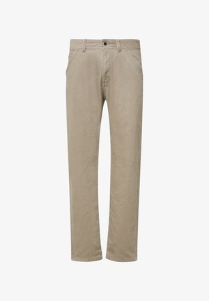 Beige rechte broek met voorzakken, lussen voor een riem en een knoopsluiting.