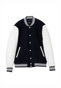 Giacca varsity blu navy con maniche in pelle bianca, colletto e polsini a righe. Caratterizzata da bottoni frontali e tasche laterali.
