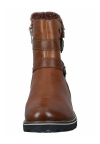 Bottine en cuir marron avec un col en fausse fourrure, deux sangles avec boucles, semelle en caoutchouc et coutures détaillées le long des bords.