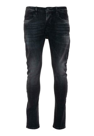 Slim-fit černé džíny z denimu s mírně vybledlým vzhledem, pětiokou design a standardní knoflíkovou pří closure v pase.