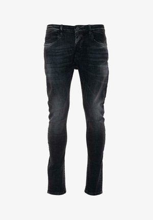 Slim-fit musta denimhark, millel on veidi kulunud tekstuur, viie-tasku disain ja standardne nööbiga kinn closure vööl.