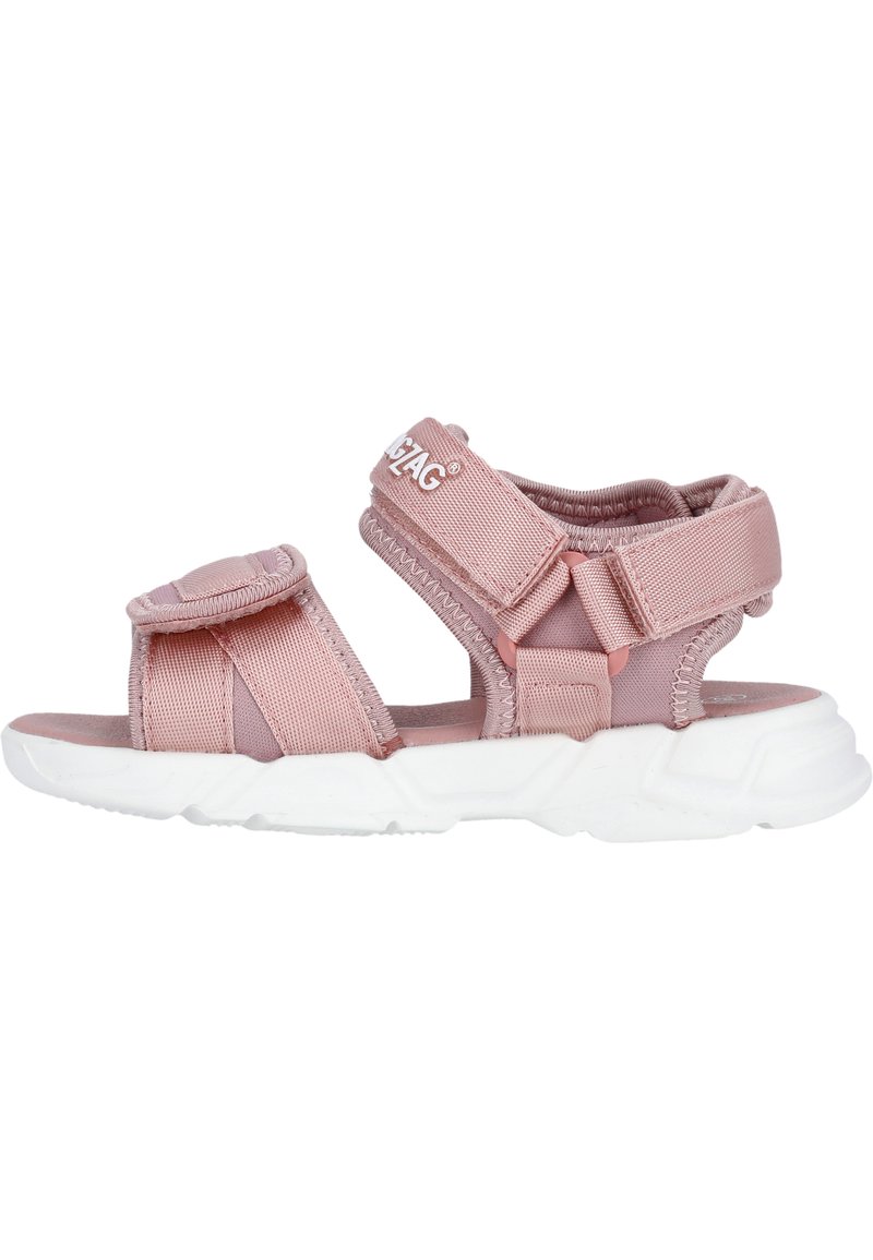Rosa Stoffsandale mit verstellbaren Riemen und einem runden Klettverschluss. Verfügt über eine gepolsterte Sohle und strukturierte elastische Bänder. Leichtes Design.