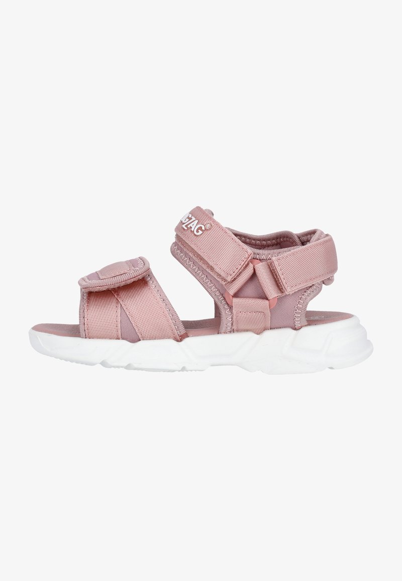 Sandale en tissu rose avec des sangles ajustables et un onglet en velcro rond. Dotée d'une semelle rembourrée et de bandes élastiques texturées. Design léger.